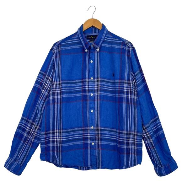 Ralph Lauren Shirt Mens XL Blue Plaid Linen Classic Fit RL Untucked Long Sleeve - Picture 1 of 14